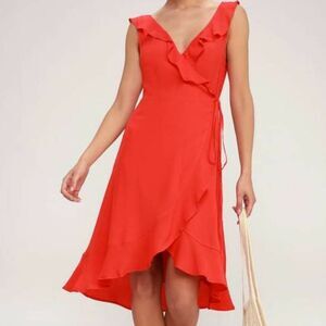 Lulus Ensenada Coral Red Ruffled Wrap Midi Dress